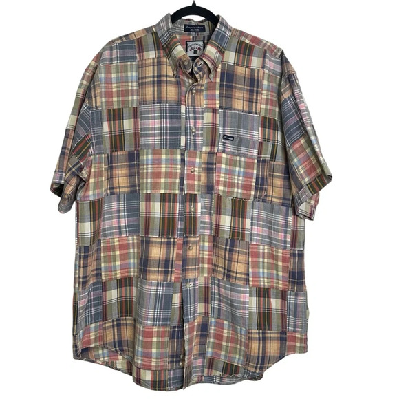 Faconnable Men’s L Cotton Mixed Plaid Patchwork Short Sleeve Iconic Shirt - Picture 1 of 5